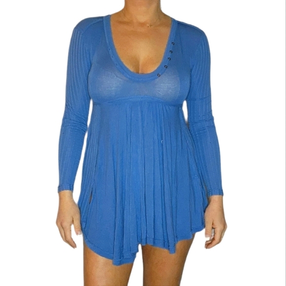 Free People Blue Long Sleeve Mini Dress Hi Low Size X Small - Picture 1 of 4